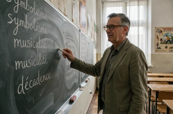 Professeur de français expliquant le mouvement symboliste de Verlaine au lycée devant un tableau noir avec des termes littéraires écrits à la craie